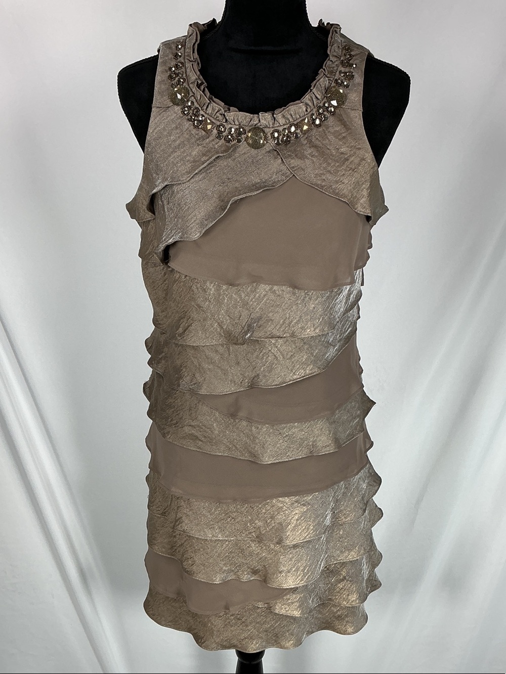 S.L. Fashions Tiered Ruffle Dress Beaded Jewel Neck 12 Taupe